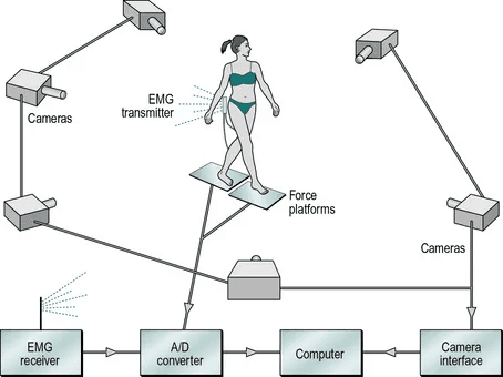 Instrumental Gait Analysis setup diagram with 3D cameras, EMG sensors and force platforms